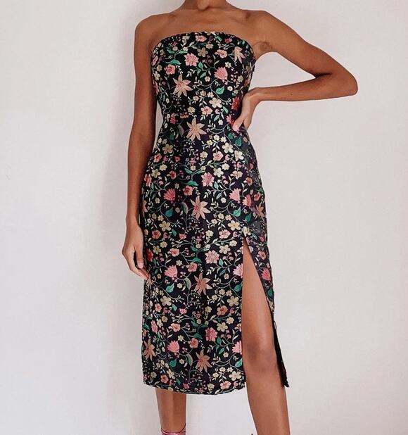 Lulus Dresses & Skirts - Lulus Make A Move Black Satin Floral Jacquard Midi Dress Size XS Side Slit Party